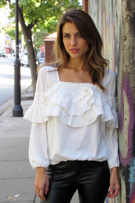 ruffled blouse leather pants