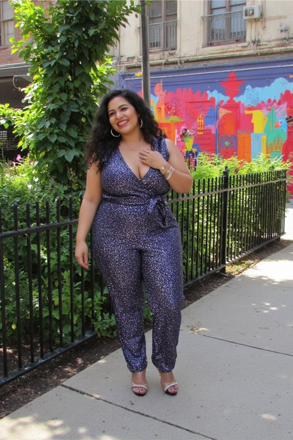 Plus size bachelorette outfits, sparkly jumpsuit party outfit